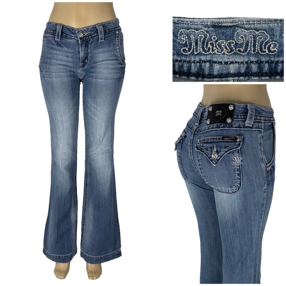 Miss Me Womens 27 Jeans Wide Leg Blue Cotton Blend Distressed Thick Stitch